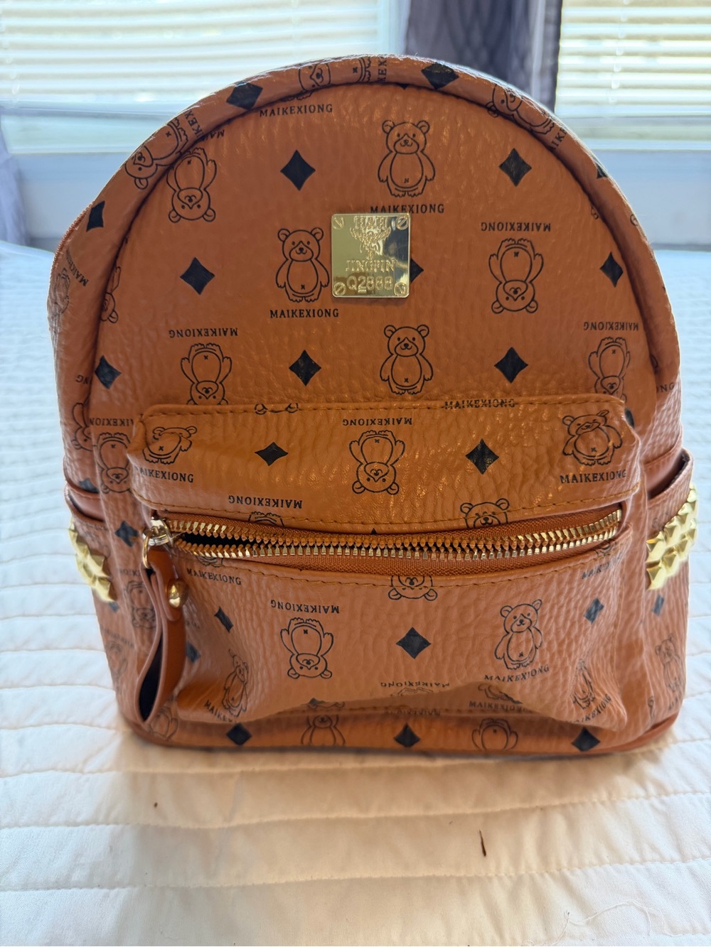Tan Mini Backpack with Bear Print